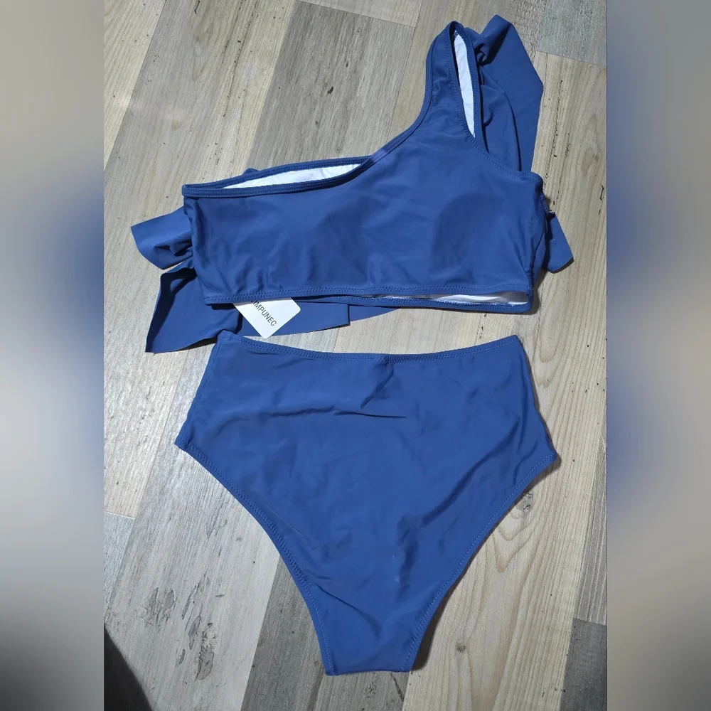 VIMPUNEC Ruffle One Shoulder Swimsuits for Women Striped High Waisted Two Piece
